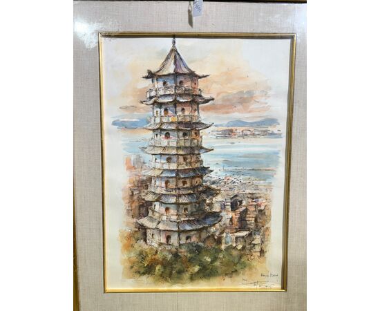 Acquarello primi '900 Pagoda, firmato, mis 59x46 cm