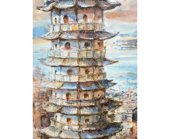 Acquarello primi '900 Pagoda, firmato, mis 59x46 cm