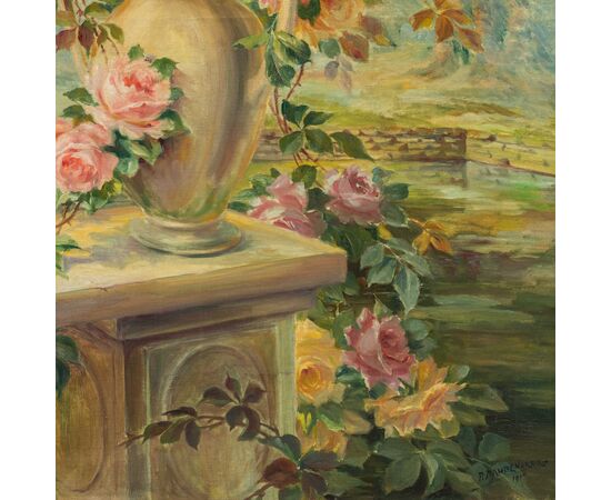Pittore francese (datato 1919) - Natura morta con vaso di rose.