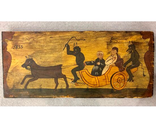 Pannello in legno dipinto di carretto siciliano con scena dipinta personaggi con diavoli.data 1833.