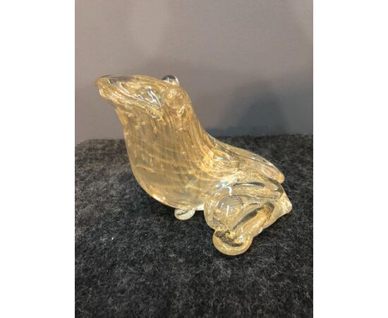 Glass frog with gold inclusions. Barovier and Toso manufacture. Murano.     