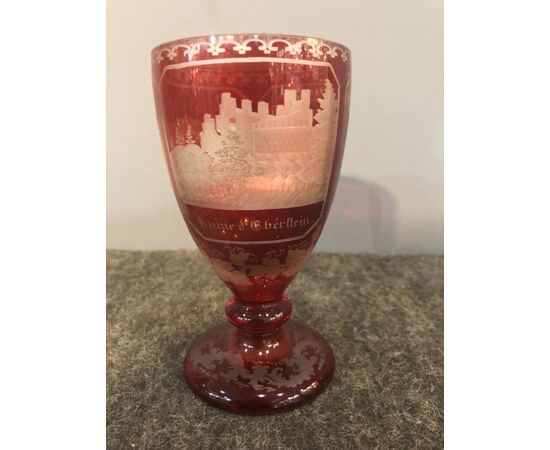 Bohemian biedermeier glass with two medallions with architectural scenes.     