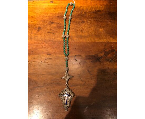 Green agate rosary, silver filigree and enamel.     