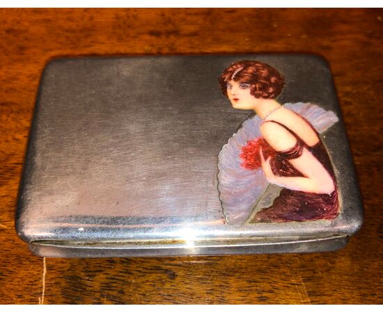 Silver and enamel cigarette case with lady figure with fan.Italy.     