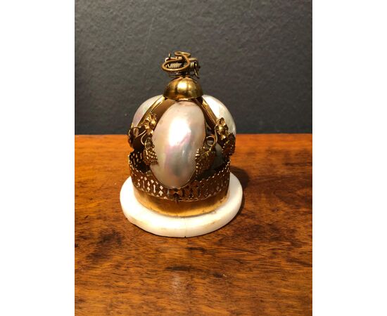 Brass and mother of pearl bell with alabaster base. France.     