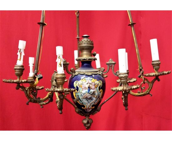 Nine-lamp majolica chandelier