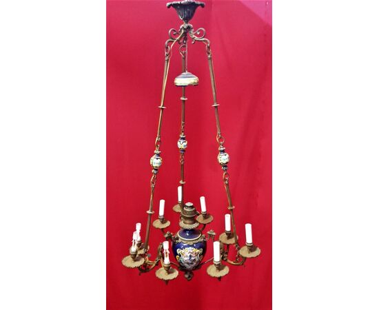 Nine-lamp majolica chandelier