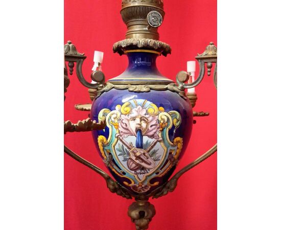 Nine-lamp majolica chandelier