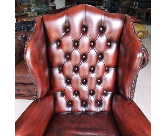 Poltrona chesterfield bergere vintage inglese originale in pelle marrone 