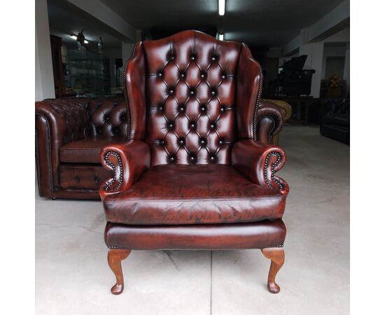 Poltrona chesterfield bergere vintage inglese originale in pelle marrone 