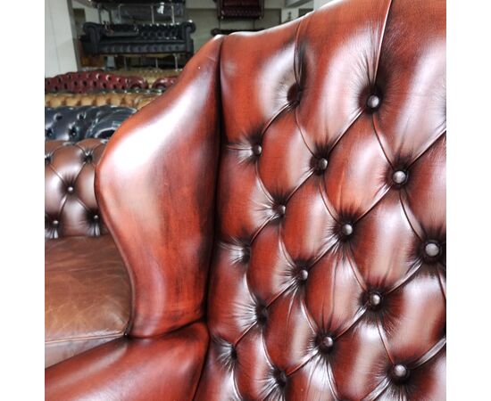 Poltrona chesterfield bergere vintage inglese originale in pelle marrone 