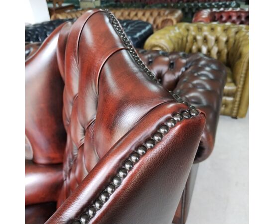 Poltrona chesterfield bergere vintage inglese originale in pelle marrone 