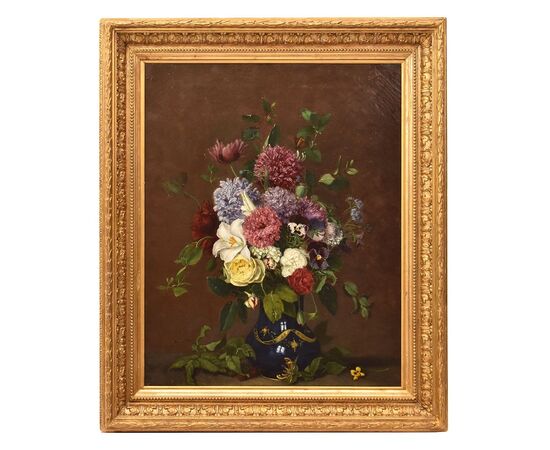 DIPINTI ANTICHI DI FIORI, NATURE MORTE CON GIGLI E ROSE, OLIO SU TELA, DELL 800. (QF635)
