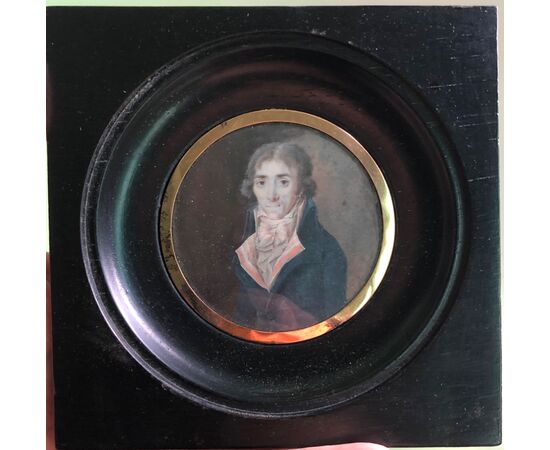Miniature oil on ivory with male character. Low gold profile.     