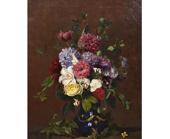 DIPINTI ANTICHI DI FIORI, NATURE MORTE CON GIGLI E ROSE, OLIO SU TELA, DELL 800. (QF635)