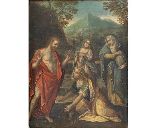 Dipinto antico olio su rame "Ramino" raffigurante scena religiosa "Noli me tangere". Roma XVIII secolo.