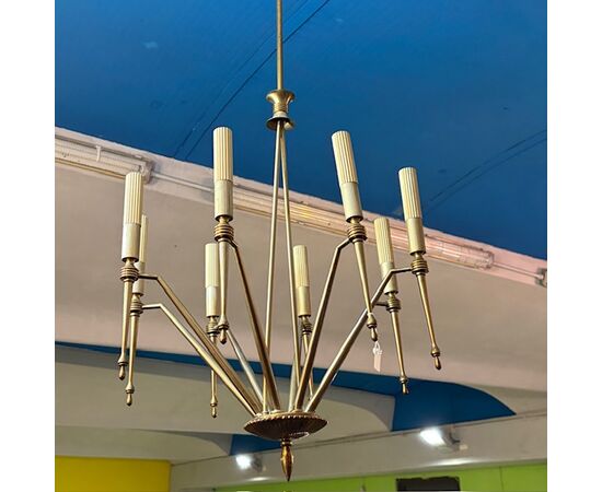 Lampadario anni 50 Design a  luci Modernariato in ottone dorato . Chandelier . 