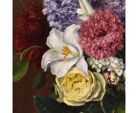 DIPINTI ANTICHI DI FIORI, NATURE MORTE CON GIGLI E ROSE, OLIO SU TELA, DELL 800. (QF635)