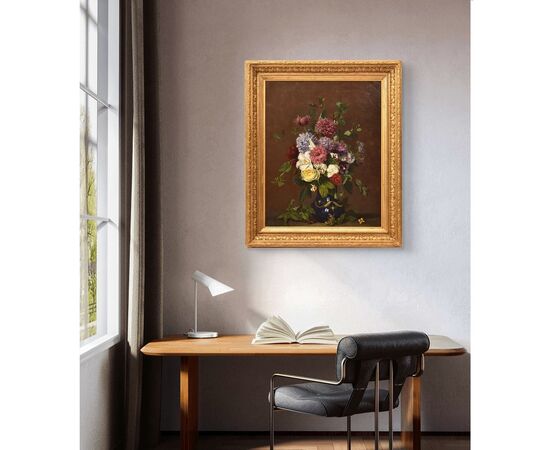 DIPINTI ANTICHI DI FIORI, NATURE MORTE CON GIGLI E ROSE, OLIO SU TELA, DELL 800. (QF635)
