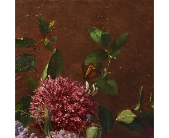DIPINTI ANTICHI DI FIORI, NATURE MORTE CON GIGLI E ROSE, OLIO SU TELA, DELL 800. (QF635)