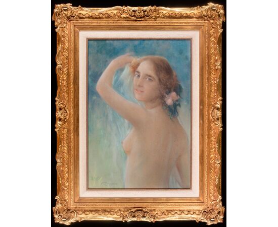 Fausto Zonaro (Masi 1854-Sanremo 1929), "Nudo di fanciulla con velo", pastello su cartoncino