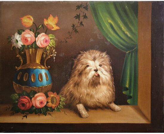 &quot;Vase of flowers with dog&quot; Oil painting on Biedermaier period canvas Measures 65 x 80 cm     
