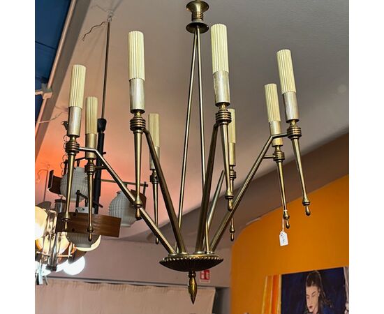 Lampadario anni 50 Design a  luci Modernariato in ottone dorato . Chandelier . 