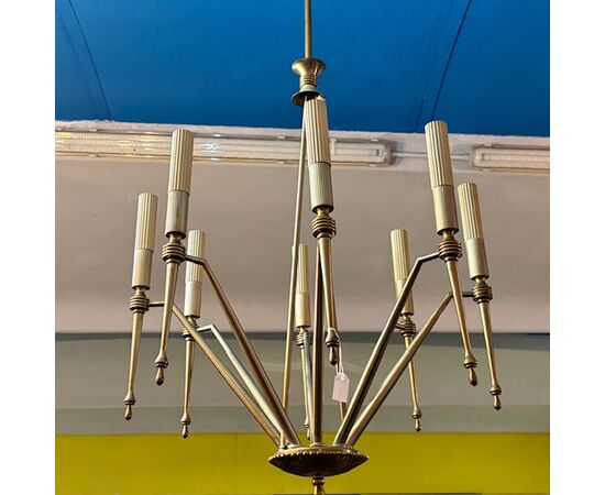 Lampadario anni 50 Design a  luci Modernariato in ottone dorato . Chandelier . 