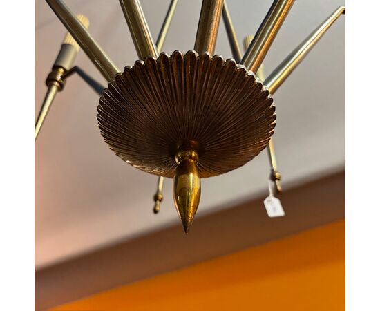 Lampadario anni 50 Design a  luci Modernariato in ottone dorato . Chandelier . 