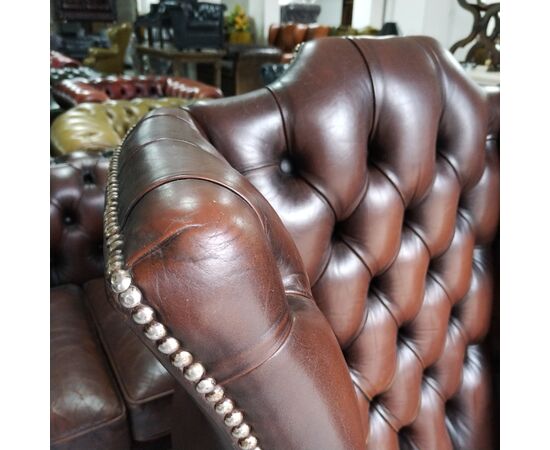 Poltrona chesterfield antica bergere inglese originale in pelle marrone   ( VENDUTO ) 