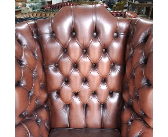 Poltrona chesterfield antica bergere inglese originale in pelle marrone   ( VENDUTO ) 