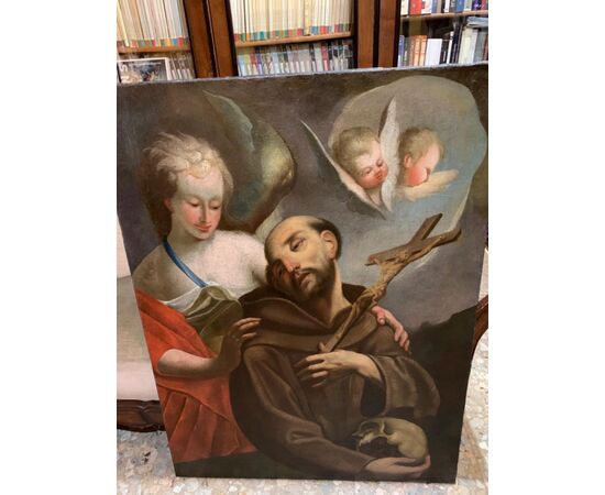 Dipinto del 600 su olio su tela raffigurante San Francesco sorretto da un angelo . Cm 120 x 90 , attribuito a Flaminio Torri ( Bologna 1620 -1661) 