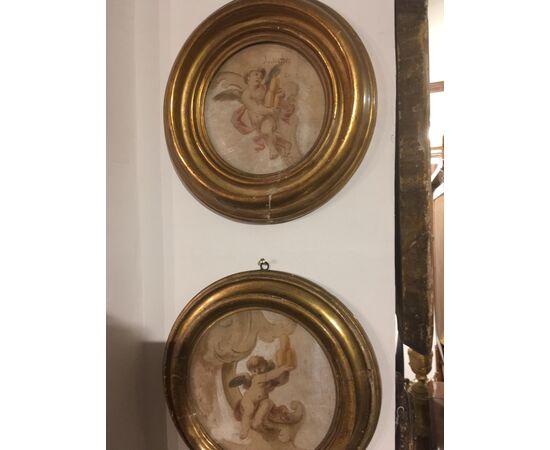Pair of watercolors with 18th century cherubs     