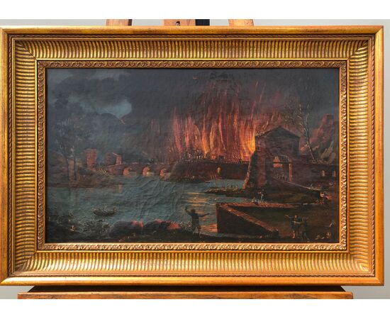 Dipinto olio su tela raffigurante una citta’incendiata con personaggi.