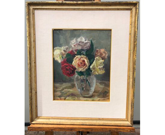 Oil painting on canvas depicting vase with flowers.England.     
