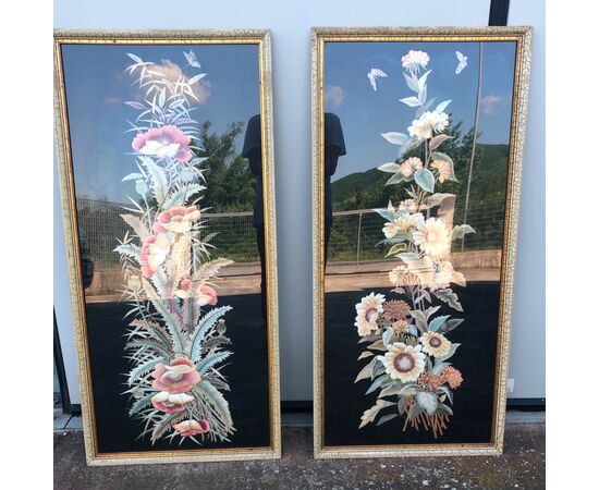 Pair of oriental panels embroidered with flowers.     