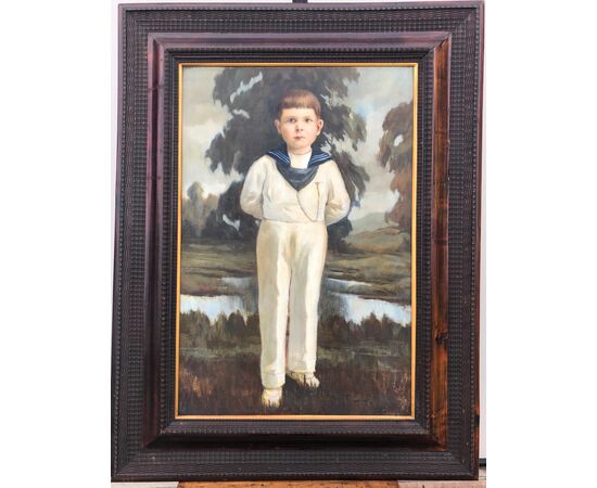 Oil painting on canvas depicting a boy in a sailor suit. Signed.     