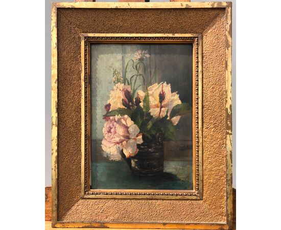 Oil painting on wood with flower pot. Signed.     