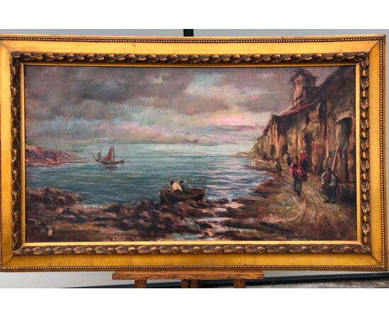 Oil painting on canvas depicting a marine landscape. Signed.     