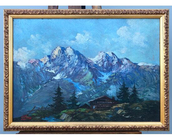 Dipinto olio su tavola raffigurante paesaggio montano.Firmato