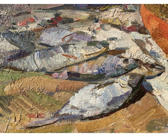 Lev Pavlovich Khodchenko (Shimanovka, 1912 - 1998) - Natura morta di pesci e vaso.