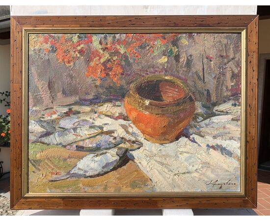 Lev Pavlovich Khodchenko (Shimanovka, 1912 - 1998) - Natura morta di pesci e vaso.