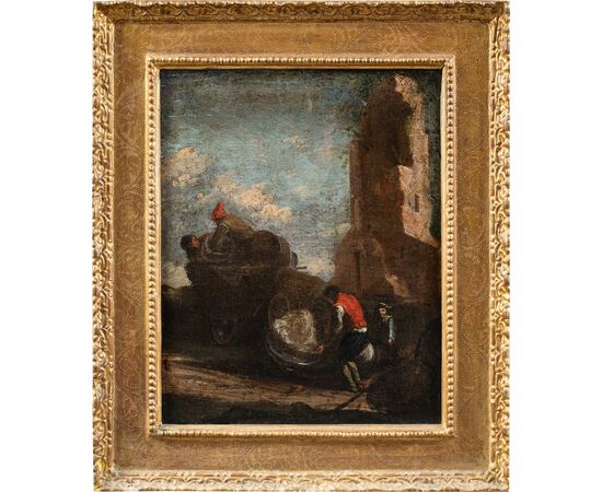 Pittore romano (XVIII sec.) - Paesaggio con viandanti.