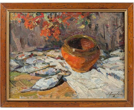 Lev Pavlovich Khodchenko (Shimanovka, 1912 - 1998) - Natura morta di pesci e vaso.
