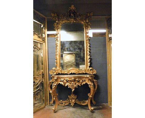 specc255 - specchiera dorata e consolle con piano in marmo, h 359 x l 160