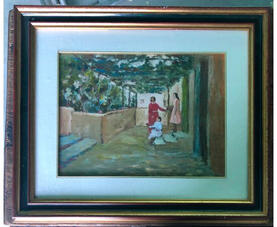 Oil painting on wood with figures and veranda. Signature: Arturo Tosi.     
