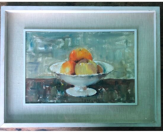 Dipinto olio su tela raffigurante vaso con frutta.Firmato Tugnoli.