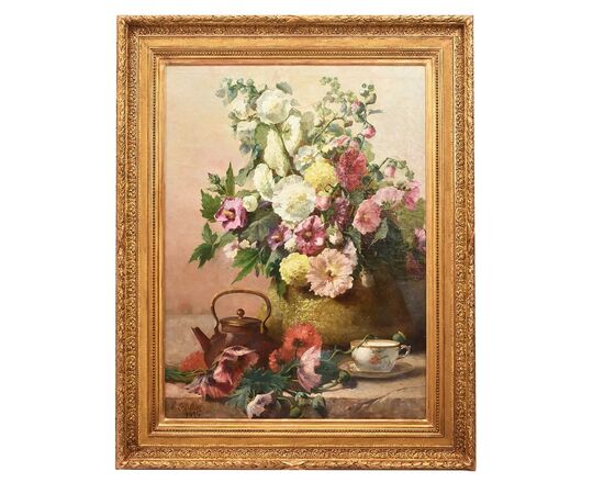 DIPINTI ANTICHI DI FIORI, NATURE MORTE CON MALVAROSE E HIBISCUS, OLIO SU TELA, DELL 800. (QF648)