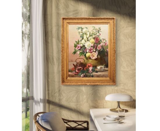 DIPINTI ANTICHI DI FIORI, NATURE MORTE CON MALVAROSE E HIBISCUS, OLIO SU TELA, DELL 800. (QF648)
