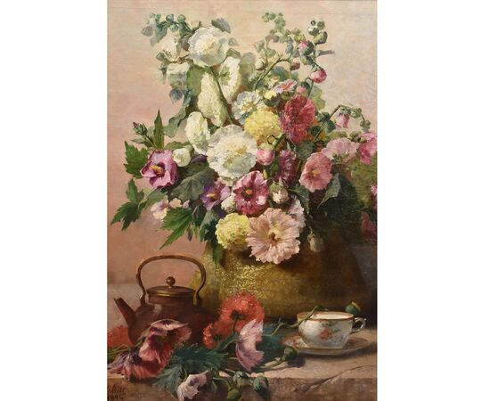 DIPINTI ANTICHI DI FIORI, NATURE MORTE CON MALVAROSE E HIBISCUS, OLIO SU TELA, DELL 800. (QF648)